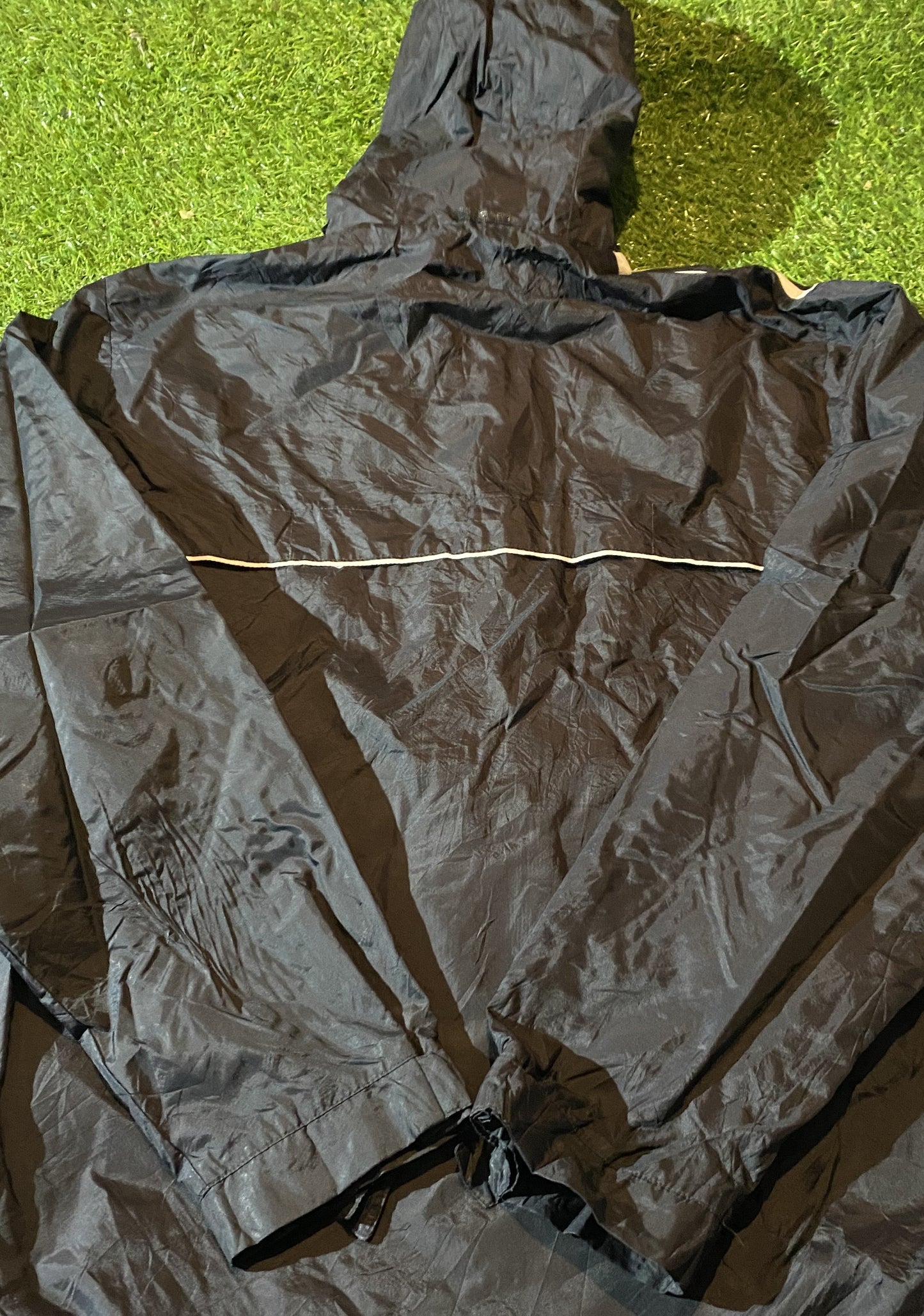 Adidas 3 Stripes Sports Medium Mans Long Single Layered Hooded Weatherproof Jacket / Coat