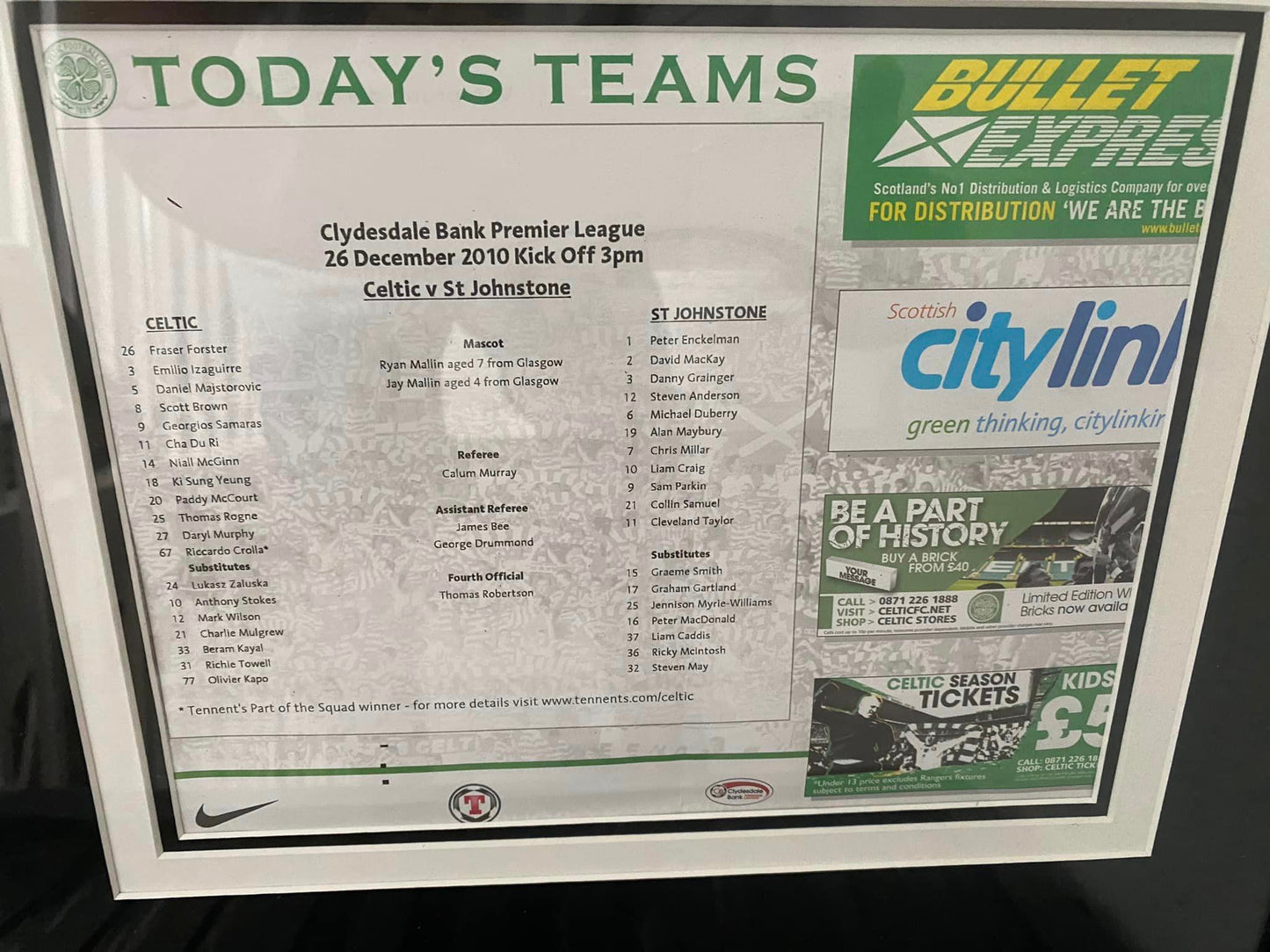 Samaras Celtic FC Hand Signed 12 x 8 Inch Photo & Team Sheet Framed Montage