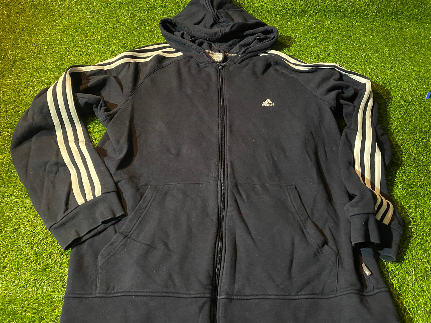 Adidas 3 Stripes XL Extra Large Mans Vintage Hoody Hooded Zip Up Top