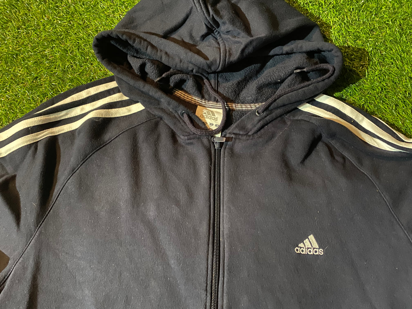 Adidas 3 Stripes XL Extra Large Mans Vintage Hoody Hooded Zip Up Top