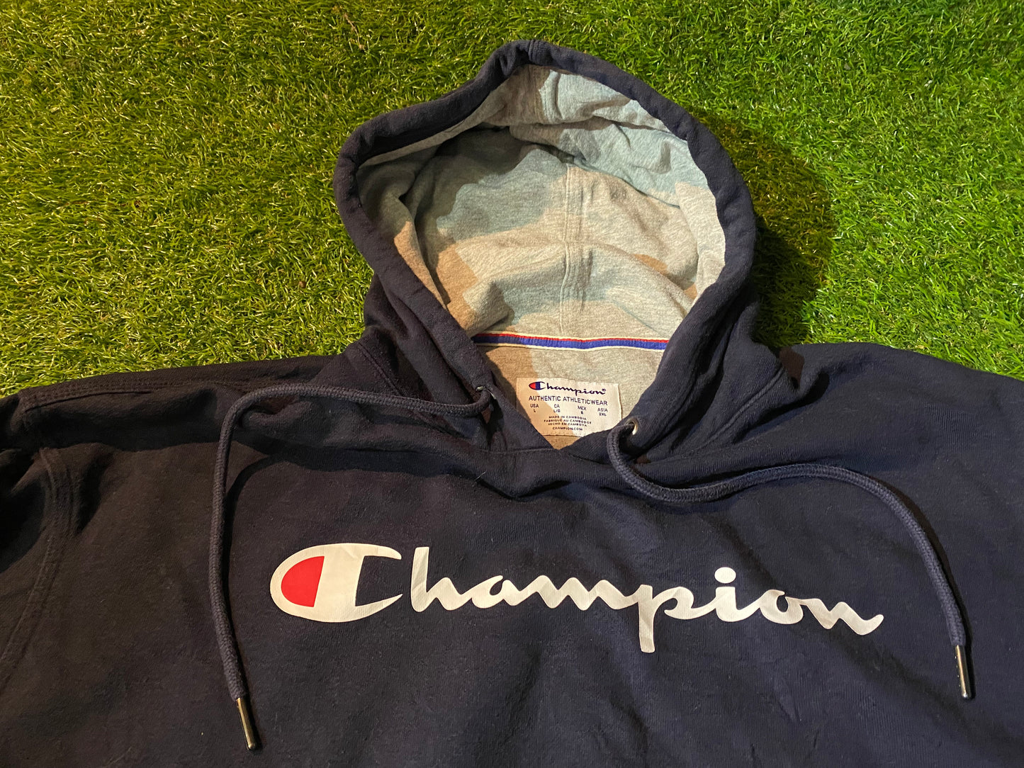 Champion Made USA United States Large Mans Loose Fit Navy Hoody / Hooded Top