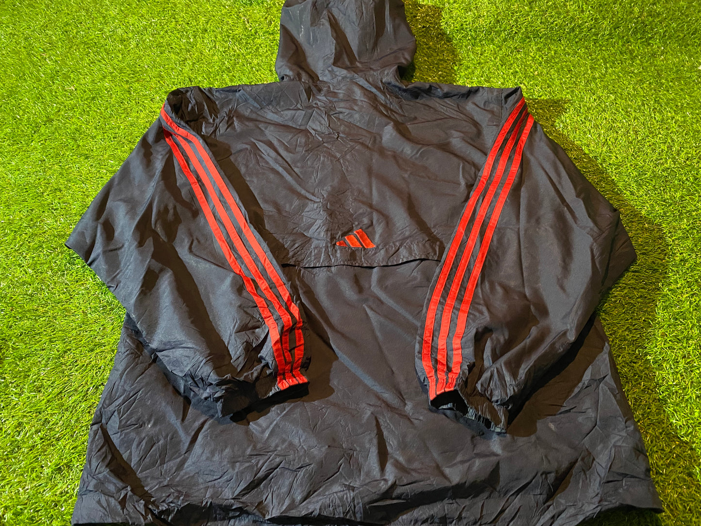 Adidas 3 Three Stripes Rare Vintage Medium Mans Breathable Lined Hooded Throwover Top