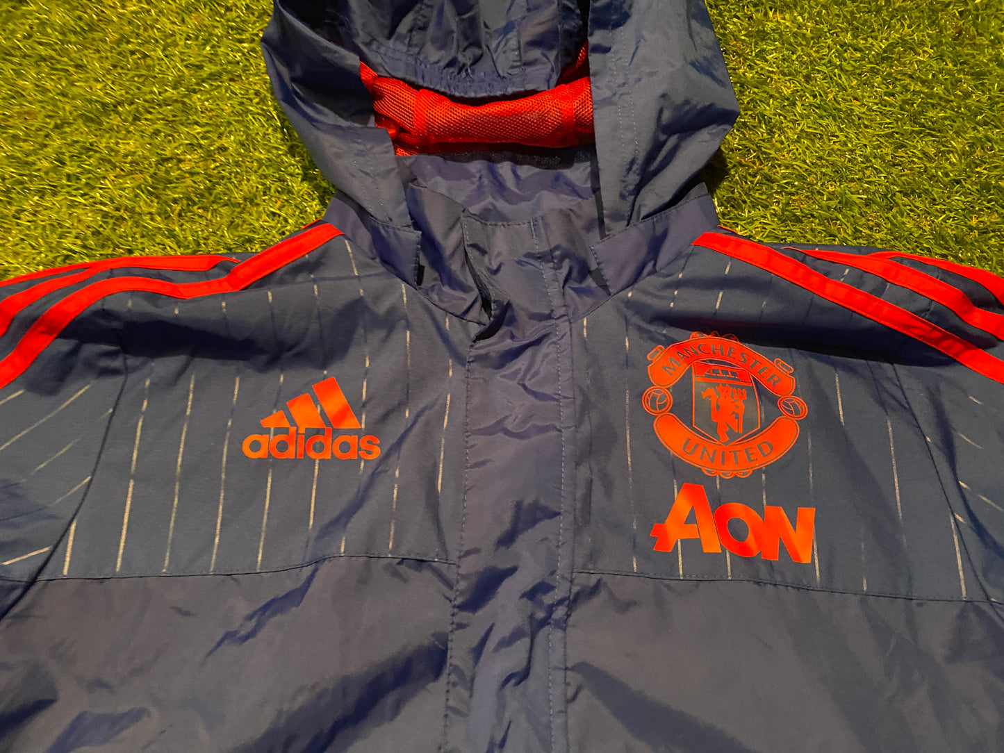 Manchester United England Football Youths / XL Boys 13-14 Year Old Lined Hooded Zip Up Adidas Jacket